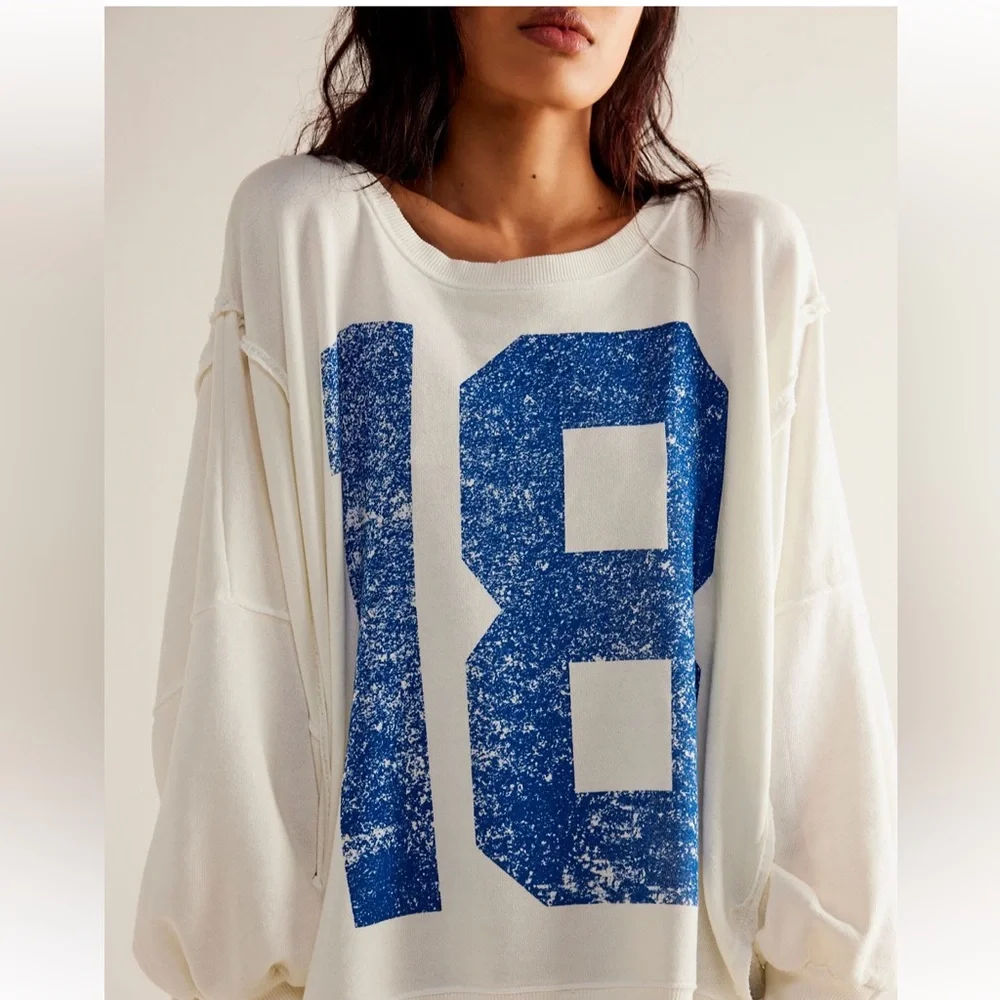 Free People White and Blue Graphic Sweatshirt - Picture 1 of 4